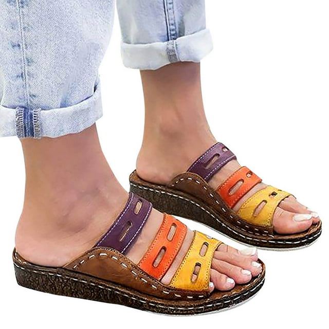 Hoshose Summer Sandal Women Color Blocking Design Arch Support Slip Slope Heel Beach Sandals Multicolour
