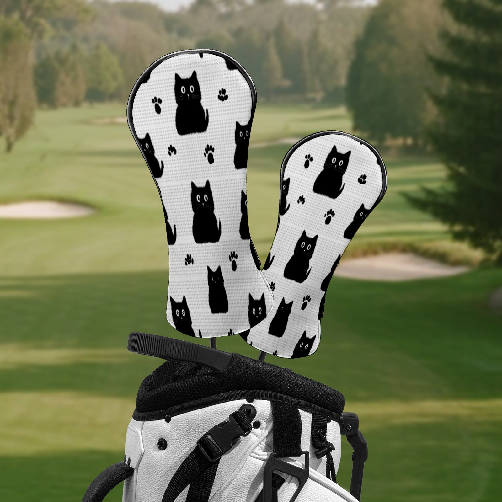 Golf Head Covers for Woods and Driver Waterproof Leather Golf Club Head Covers for Women Men Golf Driver Fairway Wood Headcover Black Cat & Paw Grid Design