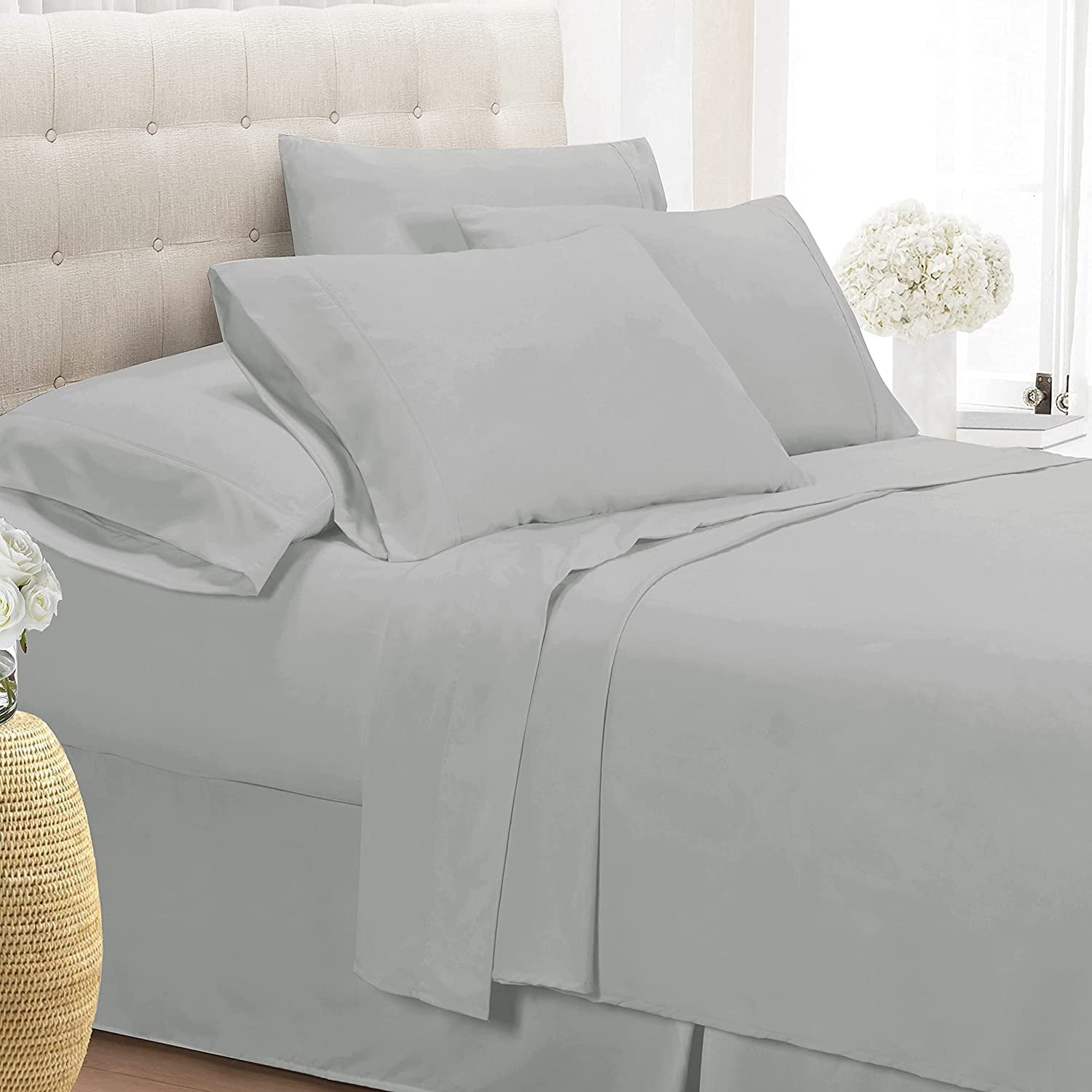 6 Piece Bamboo Sheet Set for Bed - 100% Pure Bamboo - Fit 22" Inch Deep Pocket Silk Feel, Cooling, Anti-Static, Extra Soft and Luxury - Light Grey Solid, Queen Size.