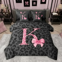 Manfei Kawaii Initial K Letter Bedding Comforter Set 7pcs, Leopard Cheetah Print Queen Bedding Sets, Teens Kids Girls Women Reversible Queen Sheet Sets, Ultra Soft Bedroom Decor