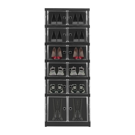 6 Tiers Stackable Shoe Storage Box Shoe Container Sneaker Organizer Black - Foldable Shoe Cabinet