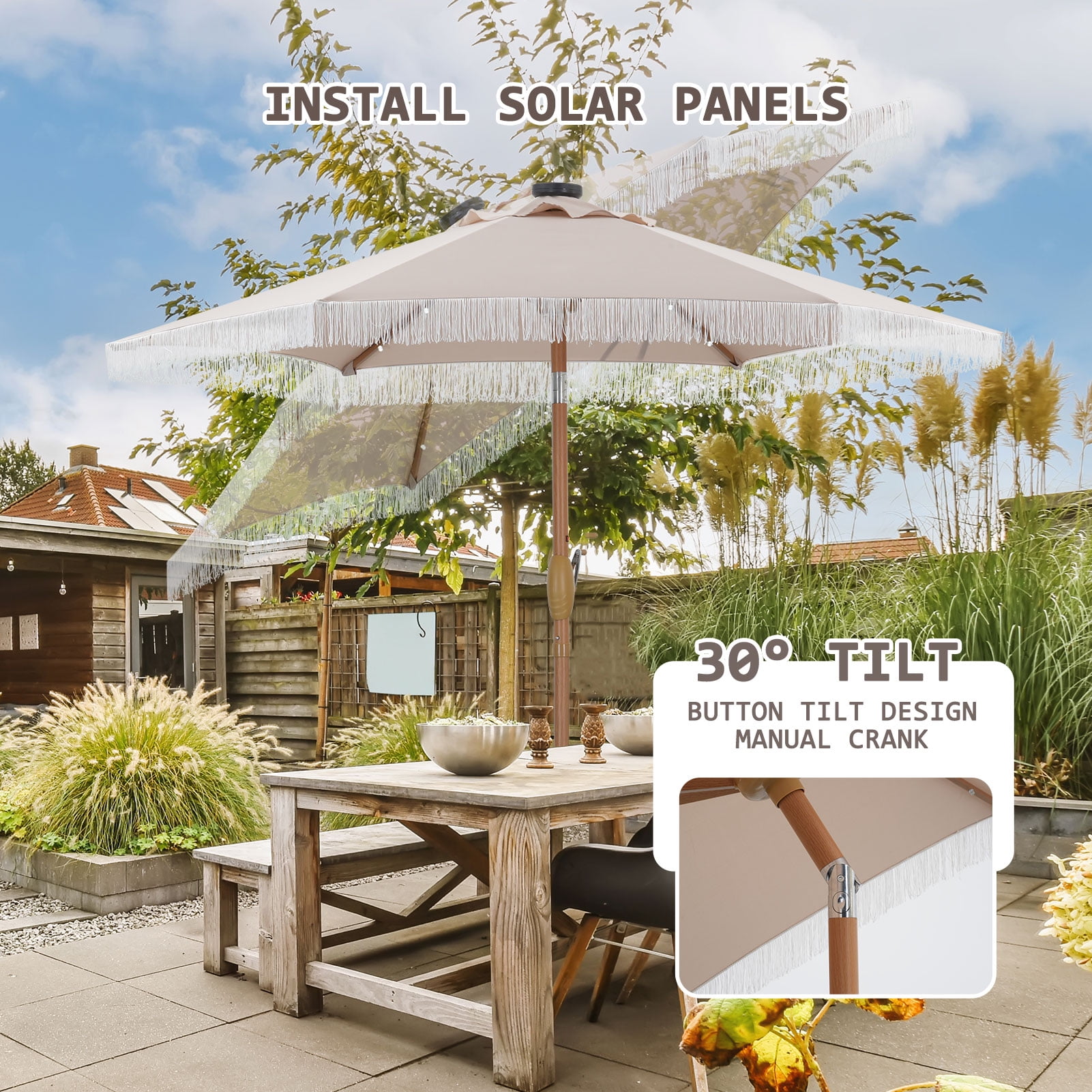 Autlaycil 7.5 ft Patio Umbrella with Tassel Fringe Stylish, 18 LED Lights Solar Umbrella (Khaki)