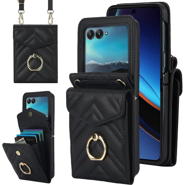 MYKOMI Phone Case for Motorola Razr 40 Ultra/Moto Razr Plus 2023 Wallet Cover with RFID Blocking Ring Crossbody Wrist Strap Stand Credit Card Holder Purse Cell Razr+ + 5G XT2321-3 Women Girls Black