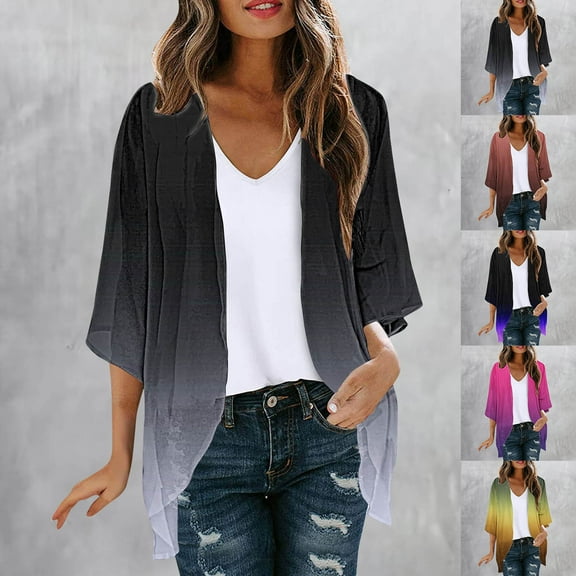 UVEASISHA Womens Cardigans and Kimonos,Gradient Cardigan for Women Lightweight Summer 3/4 Sleeve Duster Cardigans Casual Comfort Open Front Kimonos Cover Up Blouse Sales Today of The Day