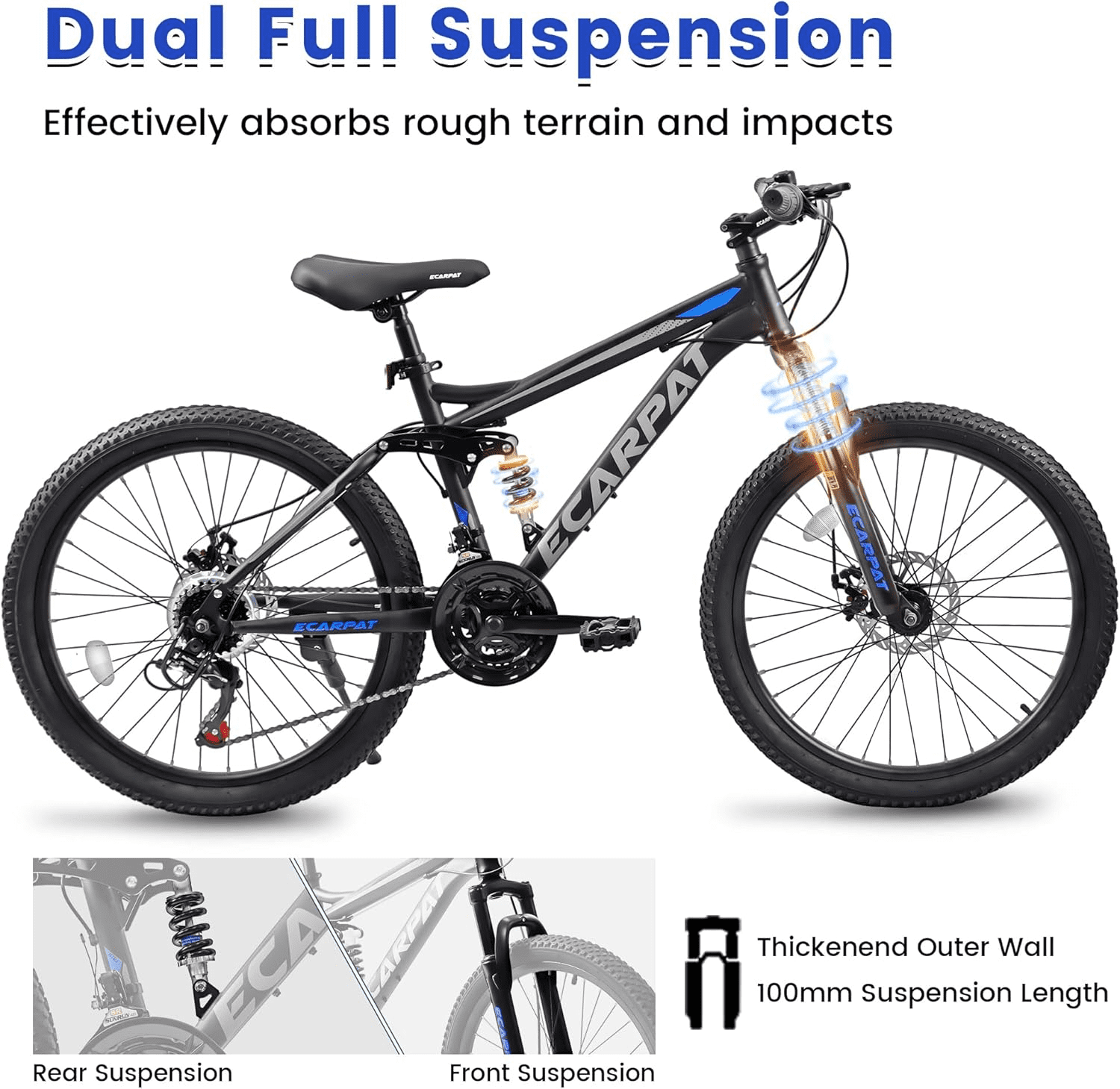 24" Mountain Bike for Adults, 21 Speed Full Suspension MTB, Dual Disc Brakes, High Carbon Steel Frame, 85% Pre-Assembled, for Men & Women