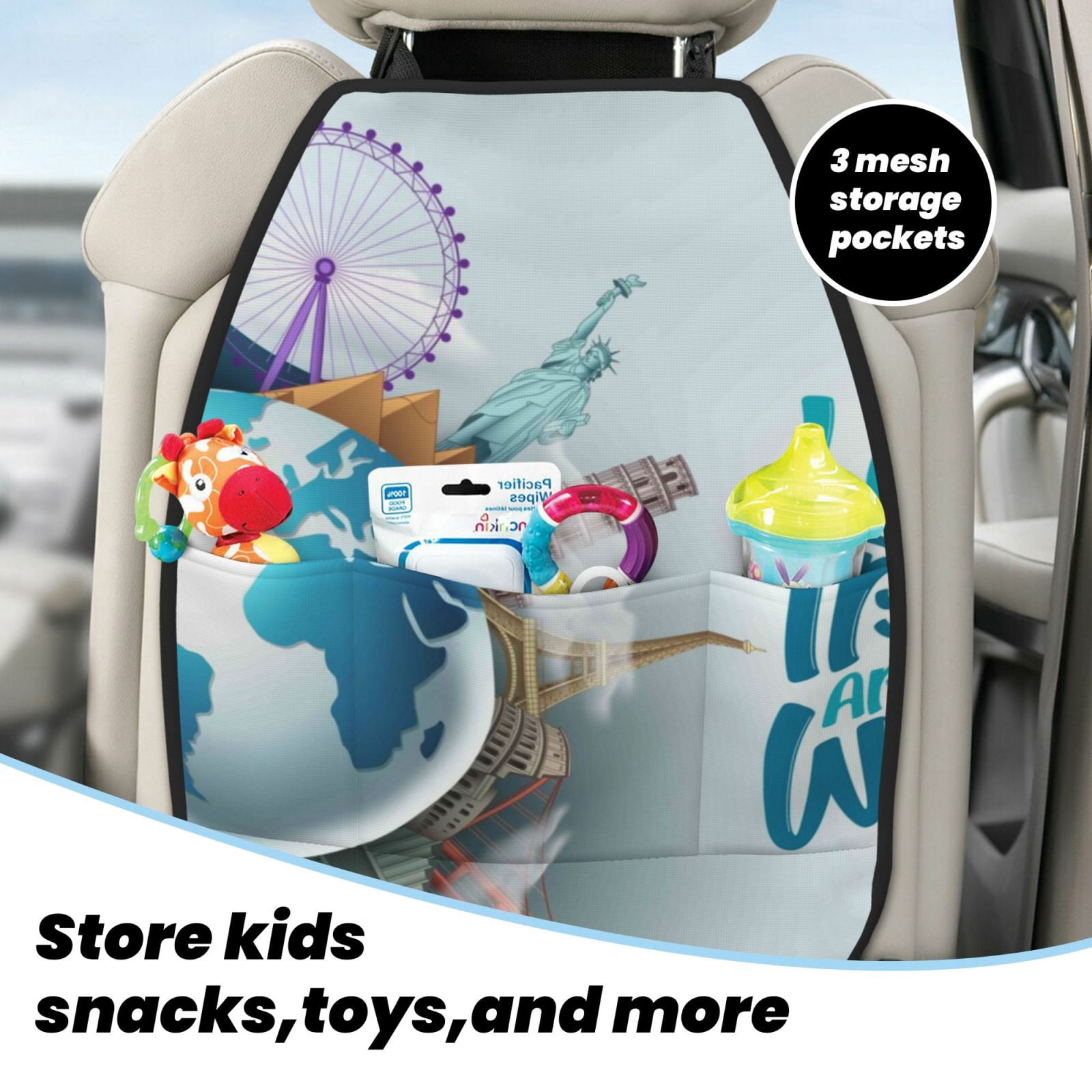 Xecao Let's go Travel Around the World Pattern Car Seat Back Protector 2 Pack Large Capacity Pocket, Kick Mats Back Seat Protector