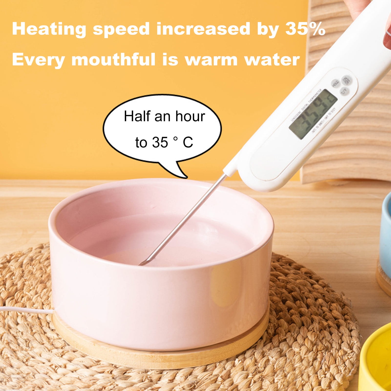 YIFAEUX 350ml Heated Cat Bowl Thermal Pet Water Bowl with Wood Base Heating Electric Ceramic Bowl with Thermostatic Control for Dogs Cats Rabbit