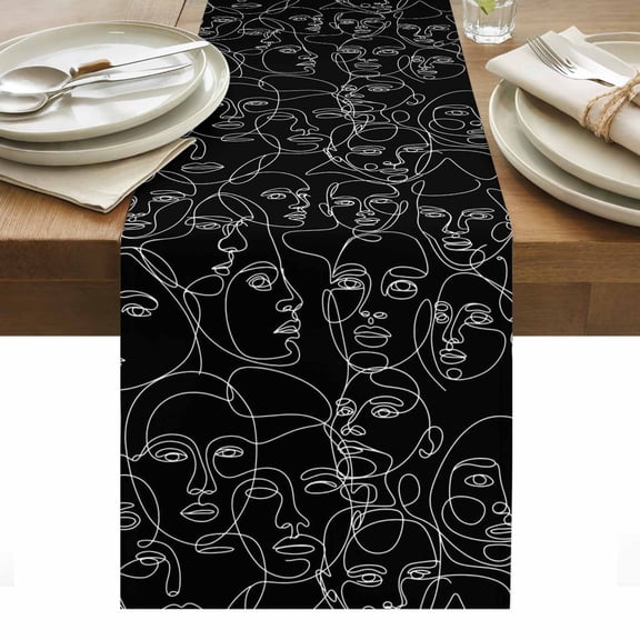 Abstract Style Table Runner - 60 Inch Long, Kitchen Dining Table Runner Dresser Scarves, Black Face Line Modern Character Art Farmhouse Decor for Coffee Tables Wedding Party Banquet
