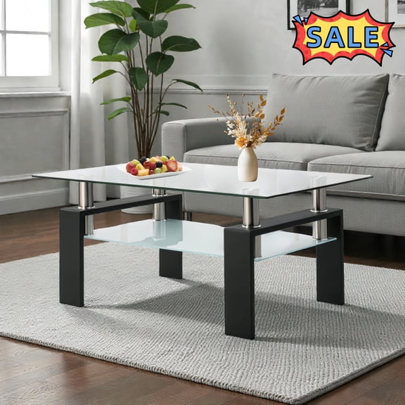 Tcbosik 2-Tier Coffee Table with Glass Top, Modern Cocktail Table with Storage Shelf, 38.6 inch Center Table with Metal Legs for Living Room, Black