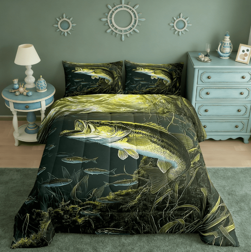 bass pro shops reel fish bedding Manfei Bass Big Fish King Size Comforter Sets,Fishing And Hunting Bedding  Comforter Set,Underwater Animals Theme Bedding Set For Teens  Boys,Breathable Home Decor Reversible,3 Pieces