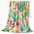 thumbnail image 2 of Watercolor Hibiscus with Tropical Leaves, Cheerful Botanical Style for Flower Lovers, Island Blossom Pattern and decorative theme Gift, Cozy Flannel Blanket for Sunroom and Bedroom, Home Decor, 2 of 9