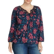 Lucky Brand Women's Plus Long Sleeve Floral Print Crochet Trim Blouse 1x Navy Multi