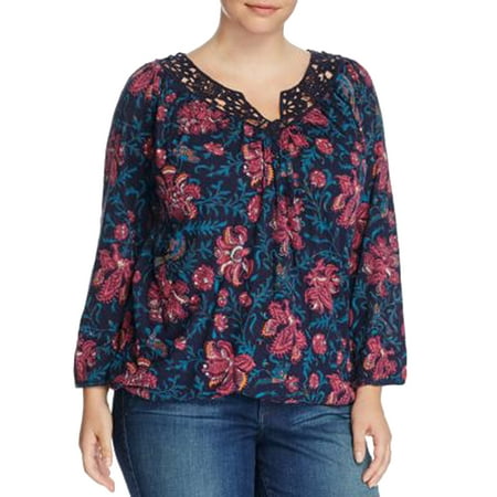 Lucky Brand Women's Plus Long Sleeve Floral Print Crochet Trim Blouse 1x Navy Multi