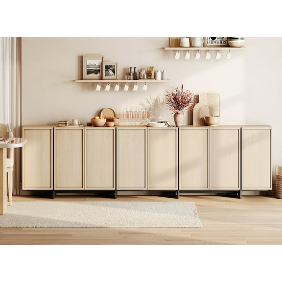 WAMPAT Modern Sideboard Buffet Cabinet with 8 Doors, Multifunctional Sideboard with Large Storage and T-Shaped Legs, Coffee Bar Cabinet Storage Cabinet for Kitchen, Dining Living Room, Light Oak