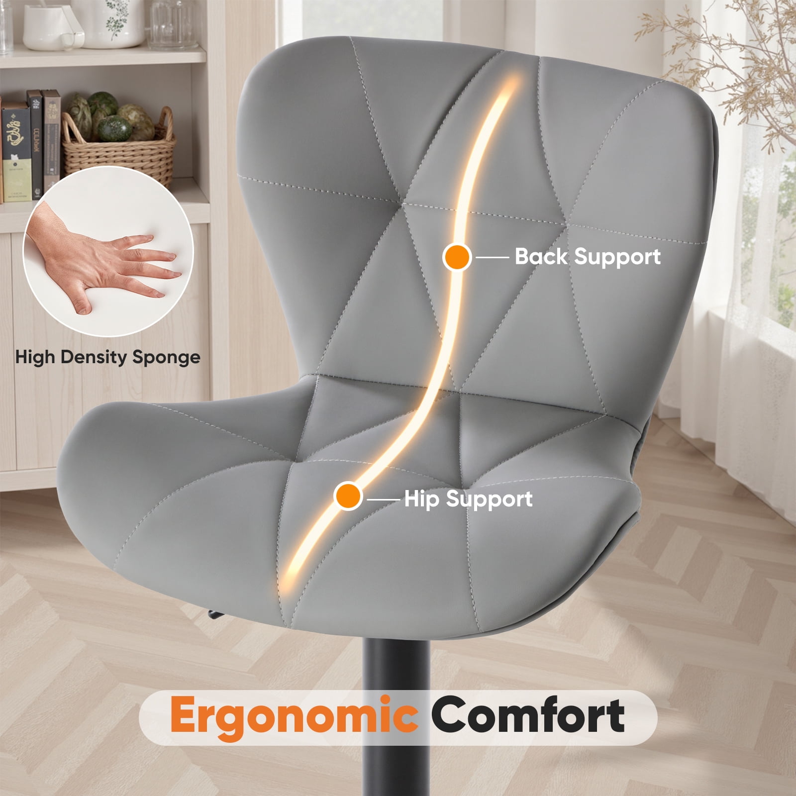 EDX Bar Stools Set of 2, Modern Adjustable Armless Swivel Counter Stools with PU Leather, Gray
