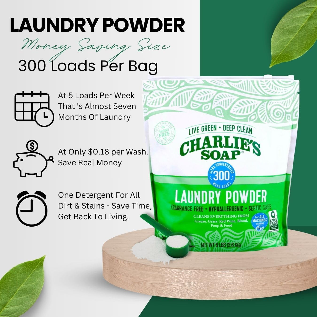 Charlie’s Soap Hypoallergenic Laundry Detergent Powder Gentle 8lb Bag