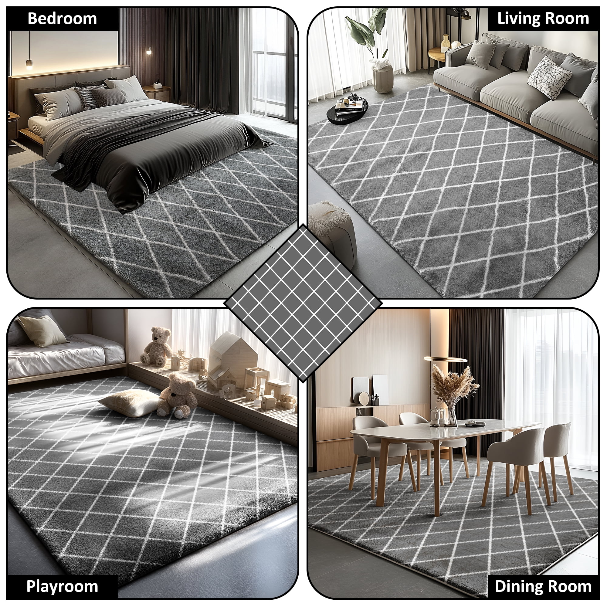 Pentantan 5ft x 8ft Shag Area Rugs for Living Room, Modern Grid Fluffy Bedroom Carpet, Gray & White