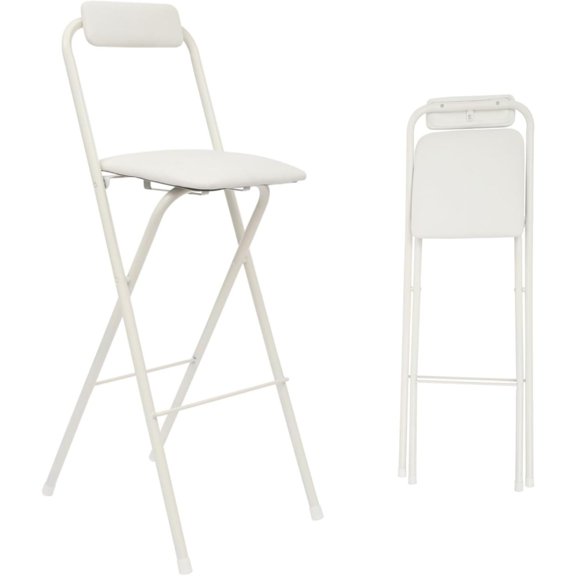 Folding Chair with Backrest for Kitchen Island, Shop, Cafe, Dining Room Steel Frame, White Leather-Padded Seat, Counter Height 29.5 Inch, Tall Collapsible Stool