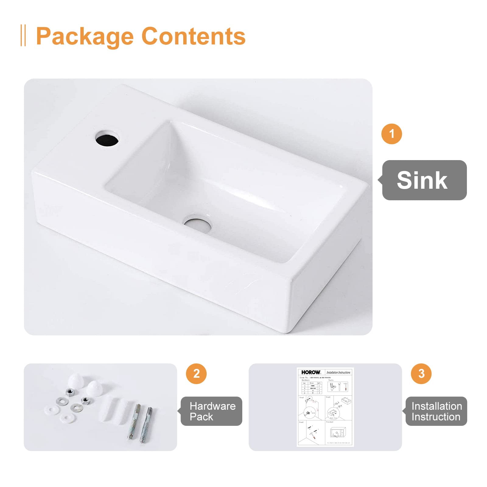 HOROW Bathroom Corner Sink, 18”x10" Small Wall Mount Sink Rectangle White Porcelain Ceramic Vessel Sink, Left Hand