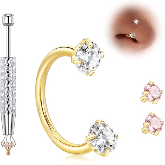 Titanium Horseshoe Nose Ring 20g 18g Gold Silver Double Gem Nose Rings Studs for Women Small Septum Rings 7mm 8mm Hypoallergenic Hoop Earrings Cartilage Helix Tragus Nostril Daith Piercing Jewelry