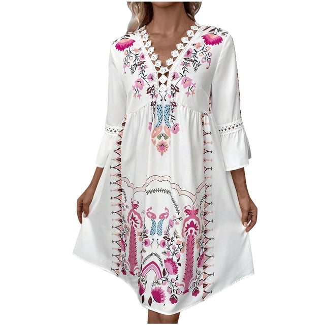 Vestido de Verano Casual, Vestido de Cuello en V de Manga 3/4 de Ruffle de Impresión Hecha de Poliéster Cómodo para Primavera Verano, Vestido de Verano de Mujer