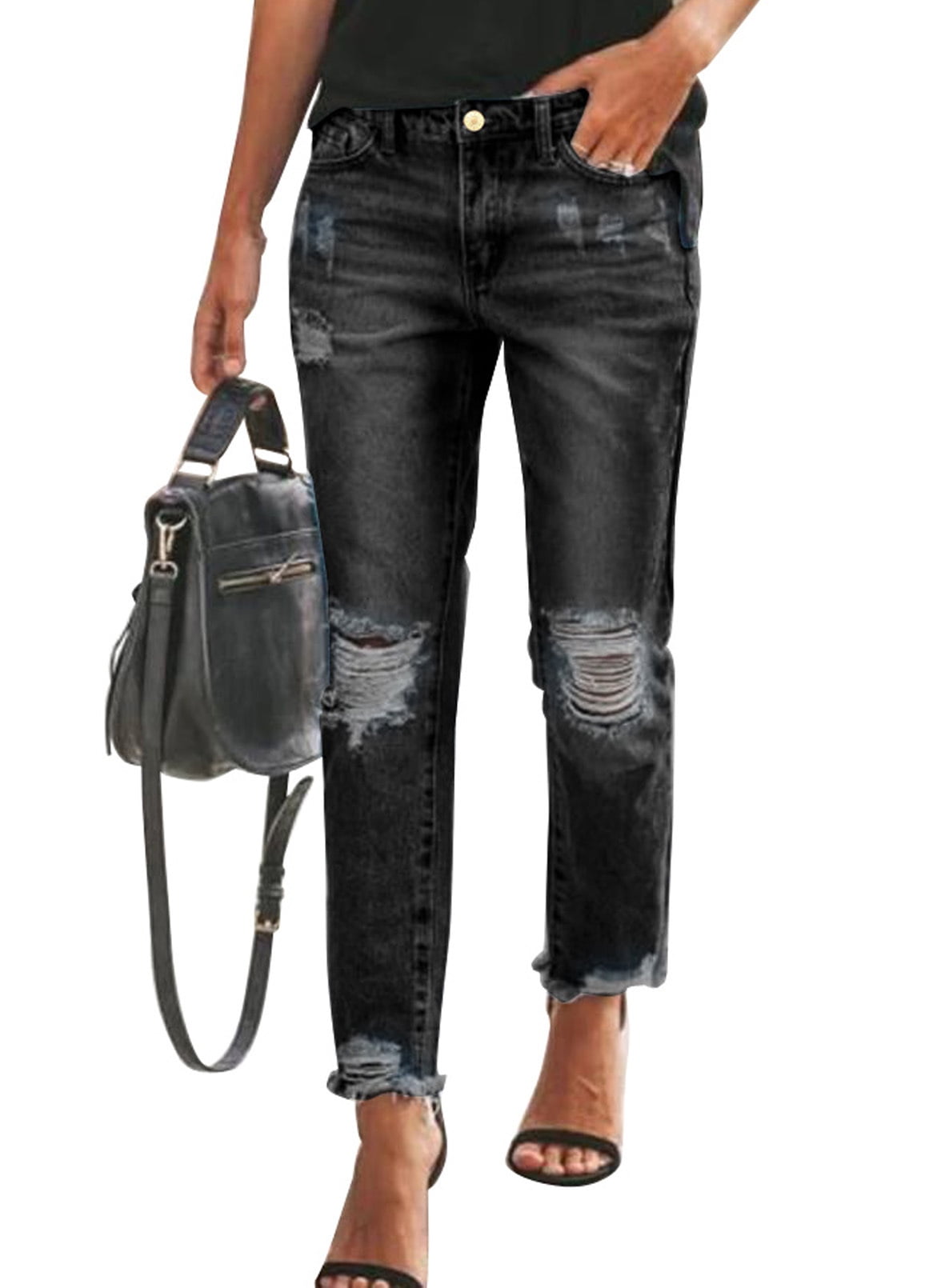 Dokotoo Women's Black Ripped Slim Fit 