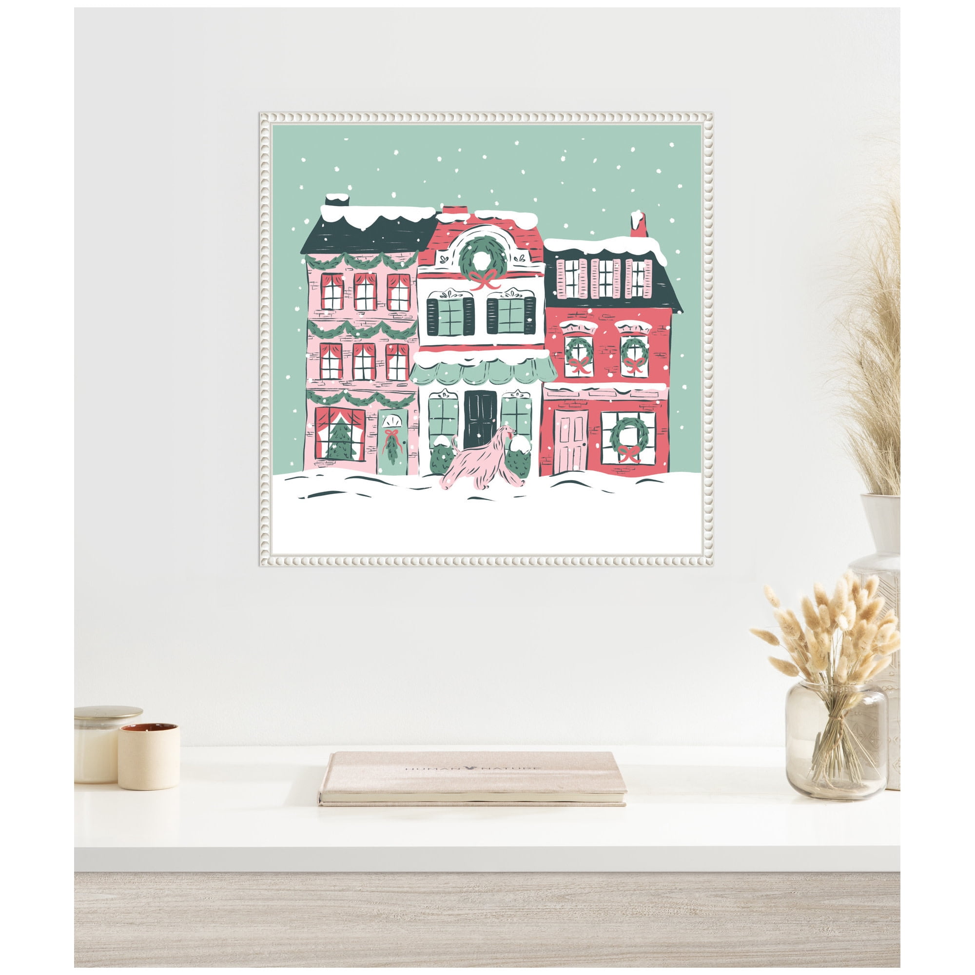 Kate and Laurel Framed Canvas Wall Art Print 'Snowy Christmas Village' by Krissy Mast, 22 x 22 Sylvie Beaded White Frame, Whimsical, Holiday Art for Wall Decor