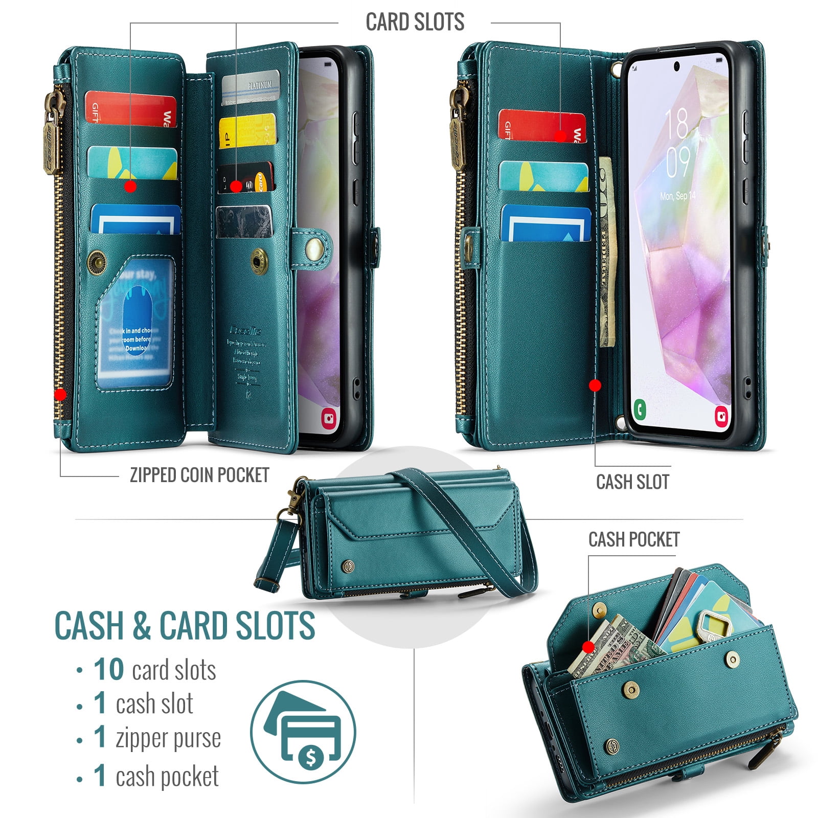 for Samsung Galaxy A14 5G Full Body Protection Wallet Folio Flip Case, Shoulder Strap & Wristlet Card Slots Zipper Pocket RFID Blocking Rugged Durable PU Leather Phone Case Cover, Green