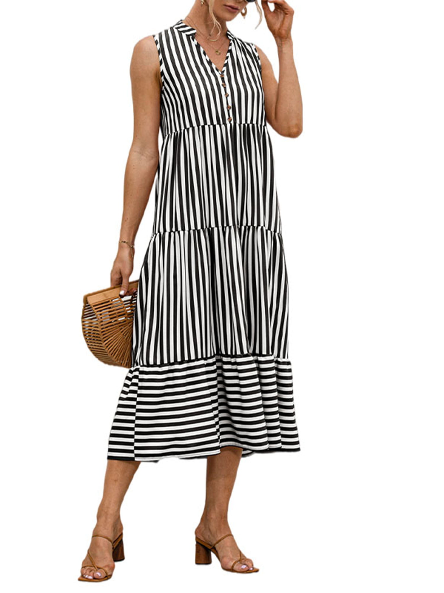 Women Retro V-Neck Half Sleeve Striped Maxi Dress Asymmetry Ruffles Hem Sundress 