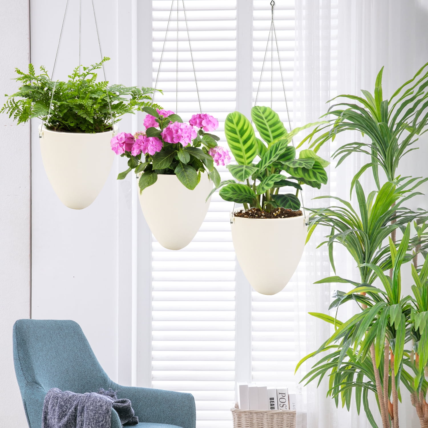 Sungmor Garden Self Watering Hanging Planter, 3 Pack, White, Succulent Flower Pot Air Plant Holder, Unique Eggshell Houseplant Pots, Home Indoor Outdoor Office Decorative Container