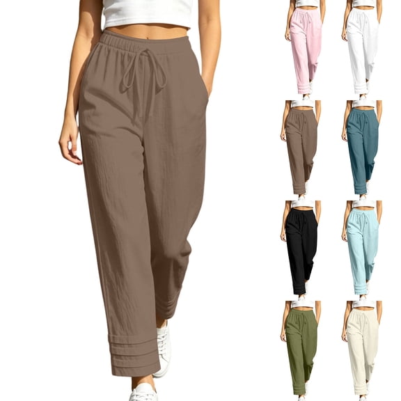ZVAVZ Gauze Pants for Women Beach Vacation Pants Lightweight Breathable Casual Loose Fit Drawstring Trousers with Pockets Brown S