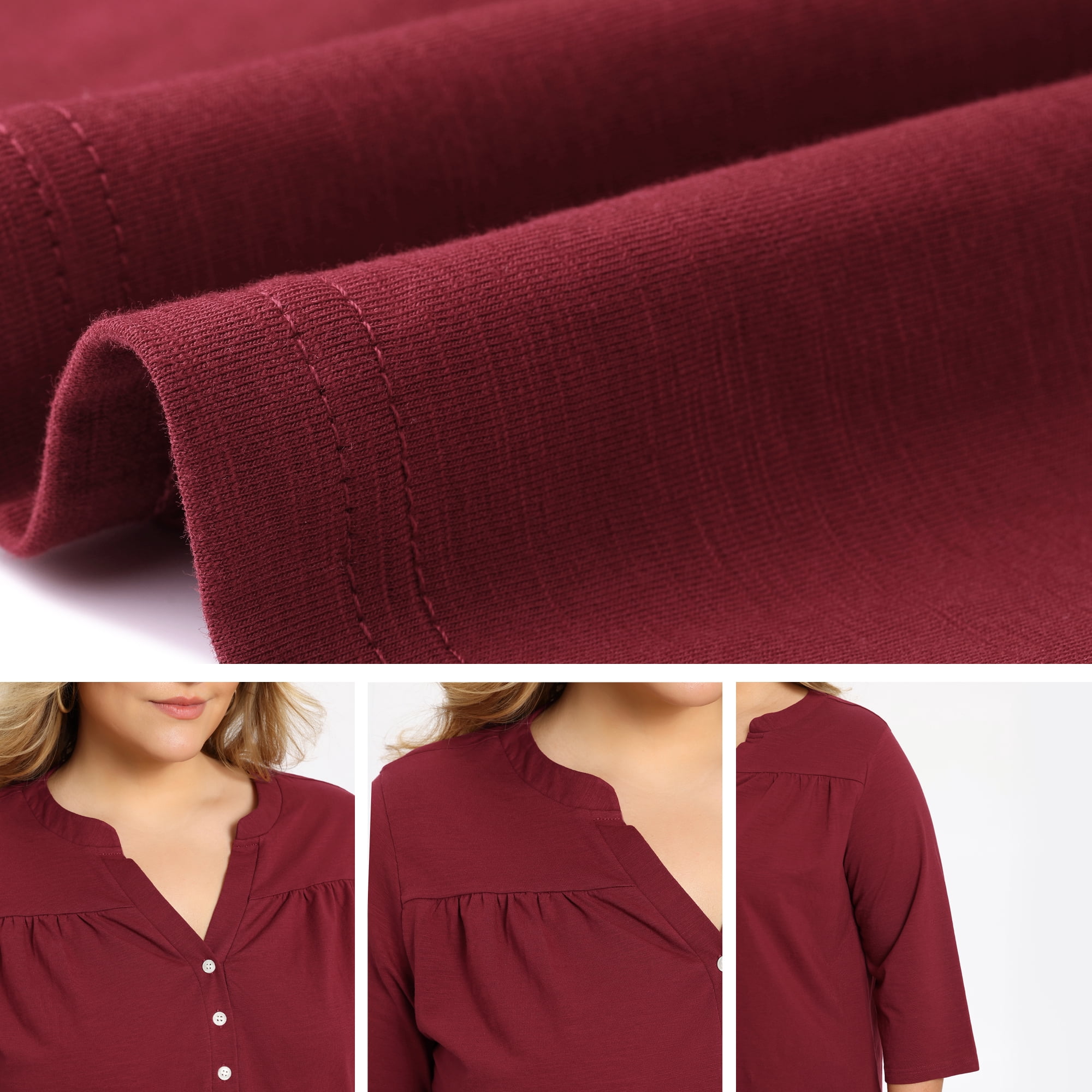 DARING DIVA Women's Plus Pleated Button Front Shirts 3/4 Sleeve Blouses 3X Burgundy