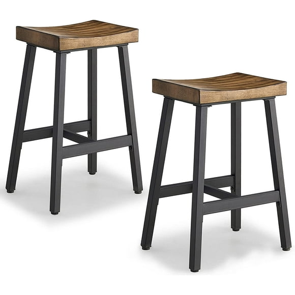 Oulluo Black Bar Stools, Counter Height Bar Stools, Set of 2, Brown Solid Wood Saddle Stools with Metal Legs, 24 Inch Kitchen Counter Stools, Stools for Dining Room Kitchen Island, Pub,Bar