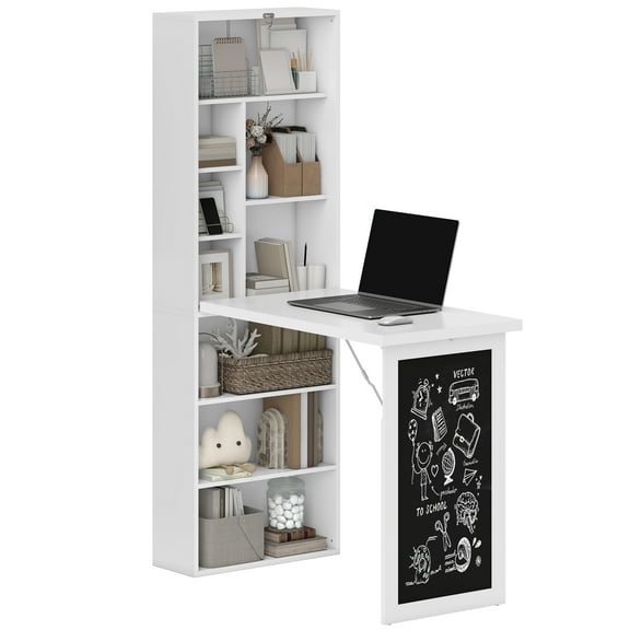 60.2 in. H White Wood Computer Desk,Wall Mount Fold-out Convertible Office Desk,Writing Table w/ Blackboard and Side Shelf