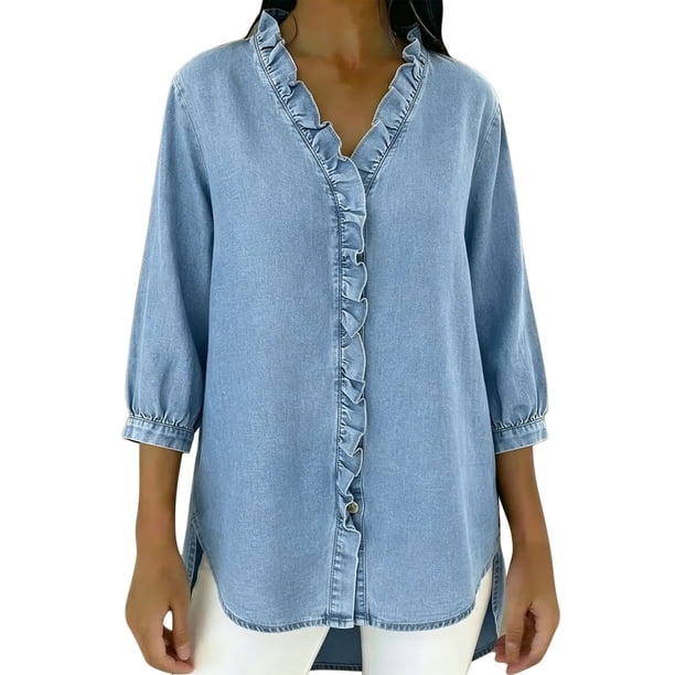 Tops de Verano de Mujer con Mangas Casual Faux Denim Cuello en V Ruffled Tres Cuartos de Manga Blusa, Ligero Y Cómodo para el Uso Diario