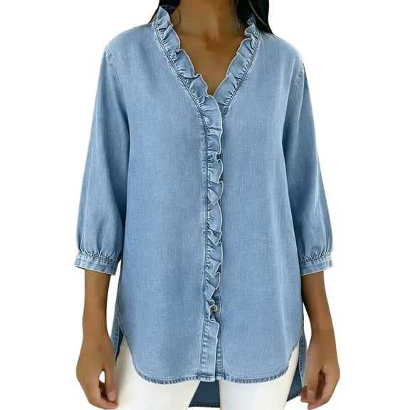 hotojiny Womens Denim Shirt Business Casual Button Down Work Blouses Chambray 3/4 Sleeve Ruffle Tunic Tops Summer Jean Shirt