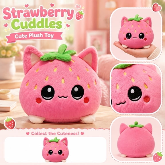 Stuffed Animal, Strawberry Cat Plush, Kawaii Cat Plush, Soft Pink Cat Plush, 8X8 Inch Cute Plush with Fluffy Fill for Cozy Snuggling, Shelf Display, and Gifting for All Age Groups