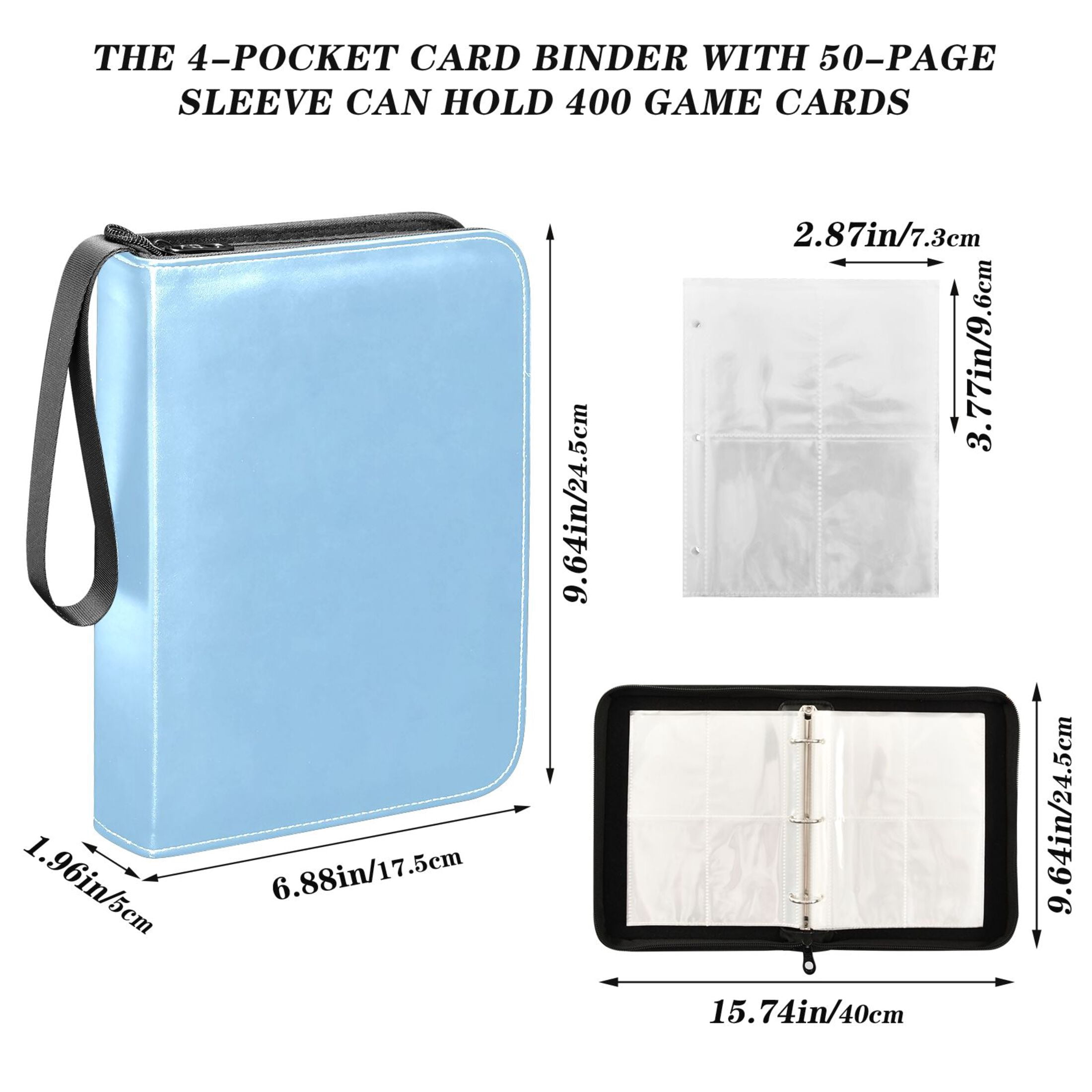 Trading Card Binder Album 400 Pockets 50 Removable 4-Pocket Pages Waterproof Light Sky Blue