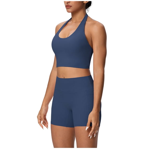 Gamivast Gym Sets for Women 2 Piece Halter Neck Crop Top & Shorts Workout Outfits High Waist Yoga Activewear Running Sports Fitness Matching Suits