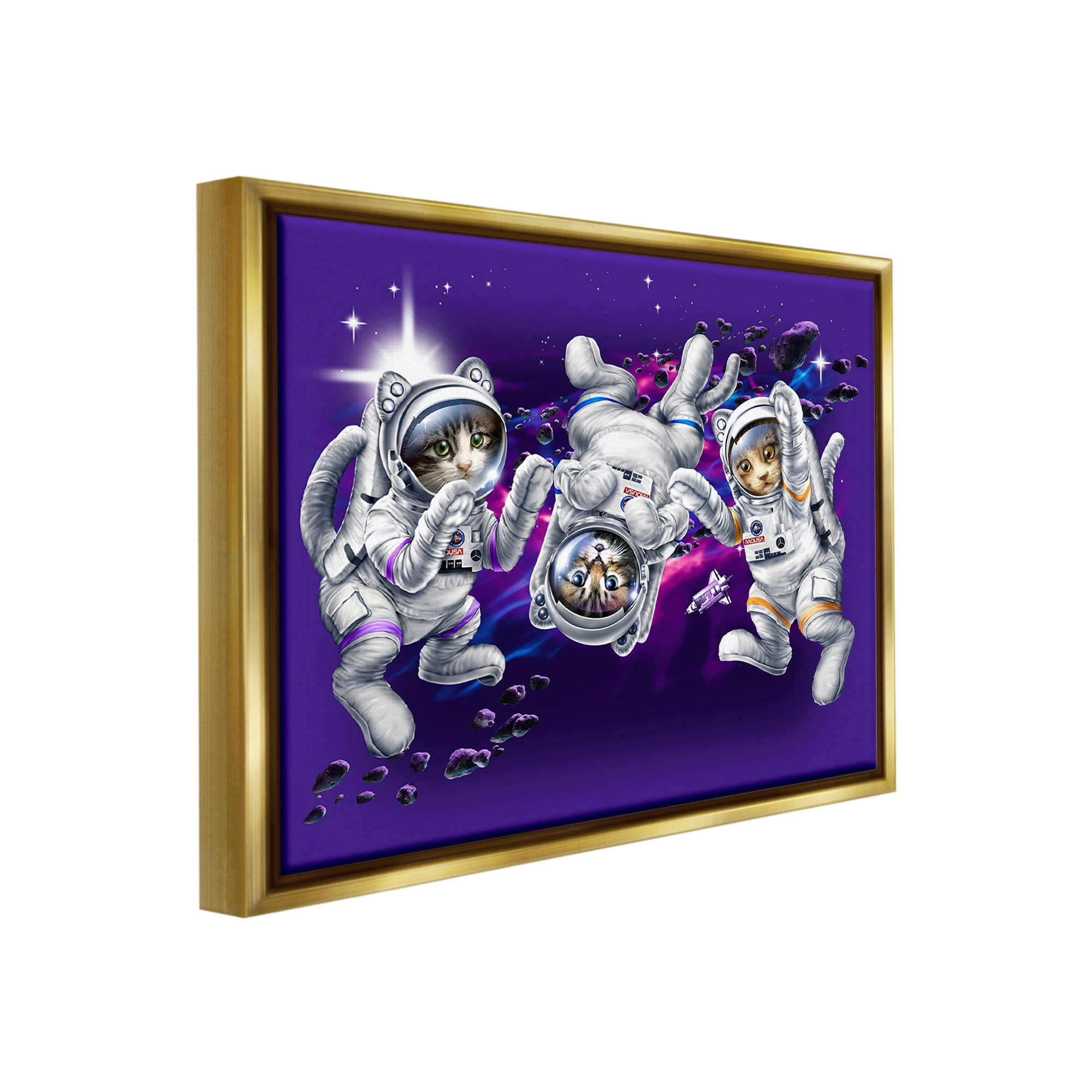 Stupell Industries Astronaut Cat Trio Animals & Insects Painting Gold Floater Framed Canvas Art Print Wall Art, 21 x 17