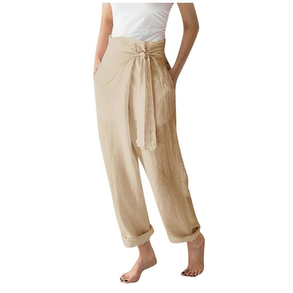 Bigersell High Waist Flare Pants for Women Full Length Pants Women's Leisure Solid Color High Waist Cotton Linen Wide Leg Pants Elastic Waist Pants Loose Fit Pants for Ladies