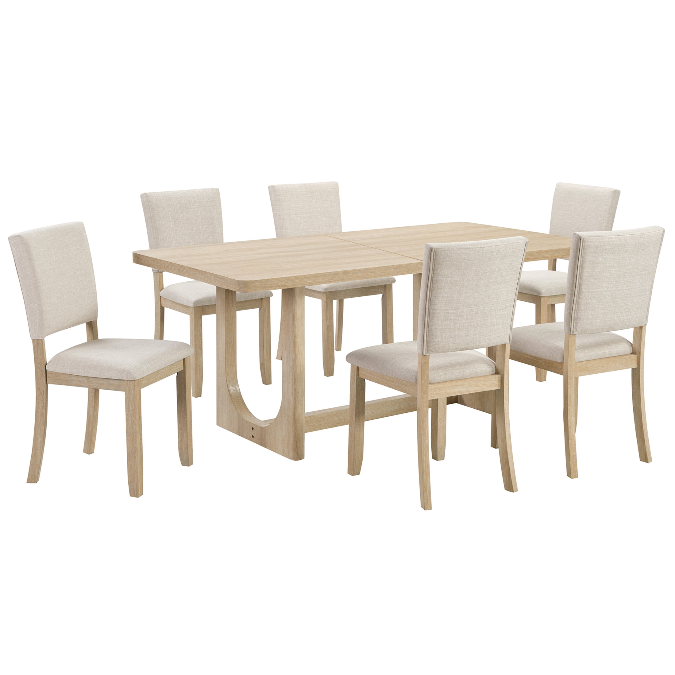 Noble House 7-Piece Wooden Dining Table Set, Modern Rectangular Kitchen Table with Upholstered Chairs, Light Oak & Beige