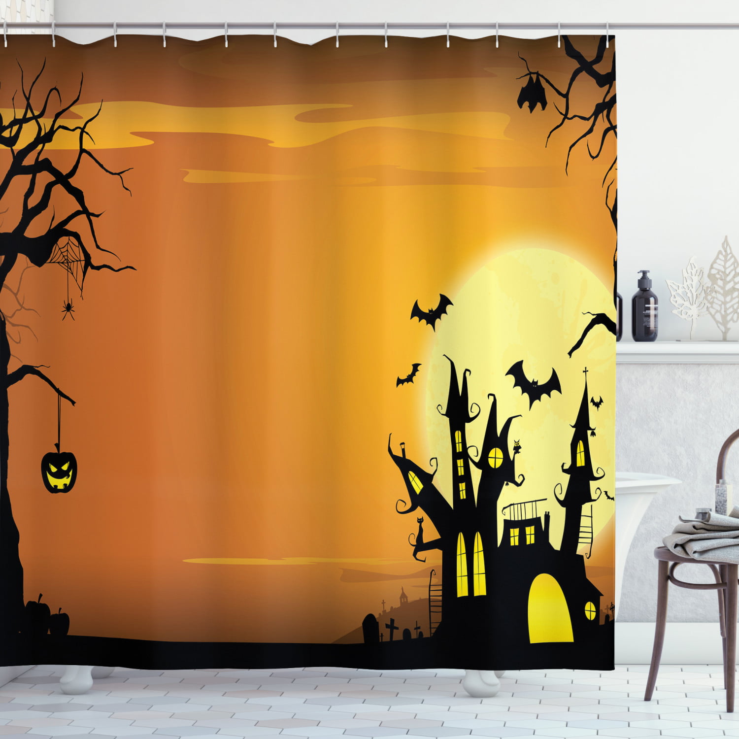 Halloween Bathroom Decor Haunted House Grave Stone Shower Curtain Set Hooks 72" 
