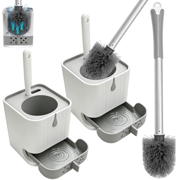 2 Pack Toilet Brush and Holder Set with Side Mini Brush, Toilet Brush Set with Drainage Drawer, Wall Mount & Freestanding Bathroom Toilet Cleaner Brush, Long Handle Toilet Bowl Cleaning Brush
