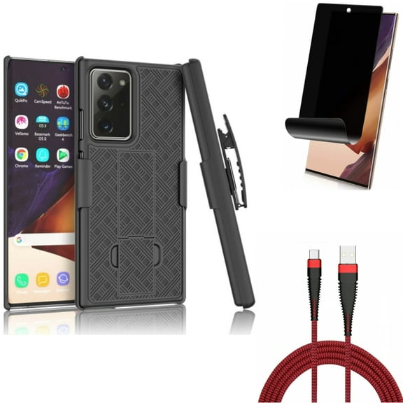 10ft USB Cable & Case Belt Clip & Privacy Screen Protector for Samsung Galaxy Note 20 Ultra (6.9") - Combo with Type-C Charger Cord & Holster Swivel & TPU Film Anti-Peep