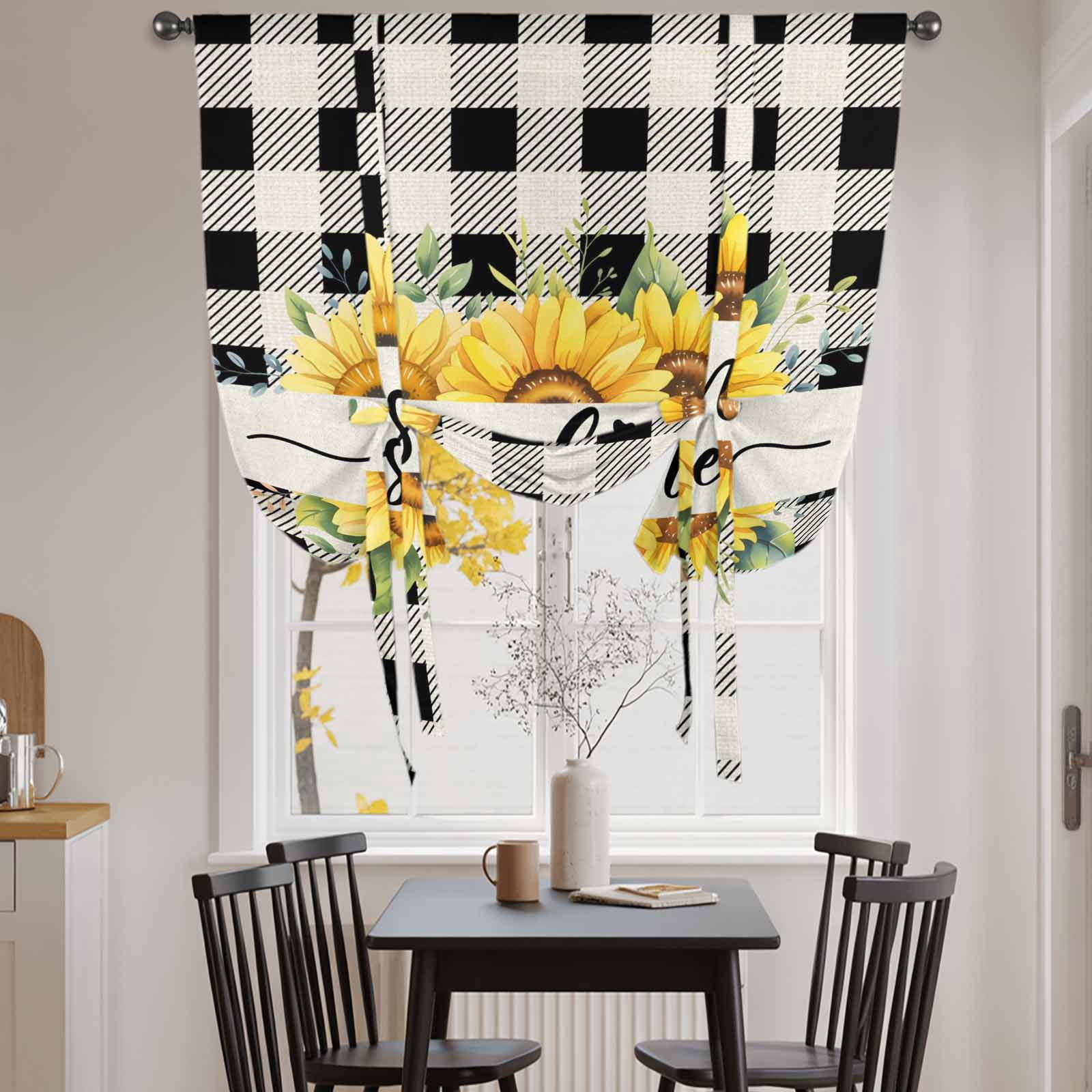 Summer Welcome Tie Up Curtain 45 Inches Long, Yellow Sunflower Leaf Retro Linen Black Plaid Balloon Style Kitchen Window Curtain Over Sink, Small Window Rod Pocket Curtain 52"x45"