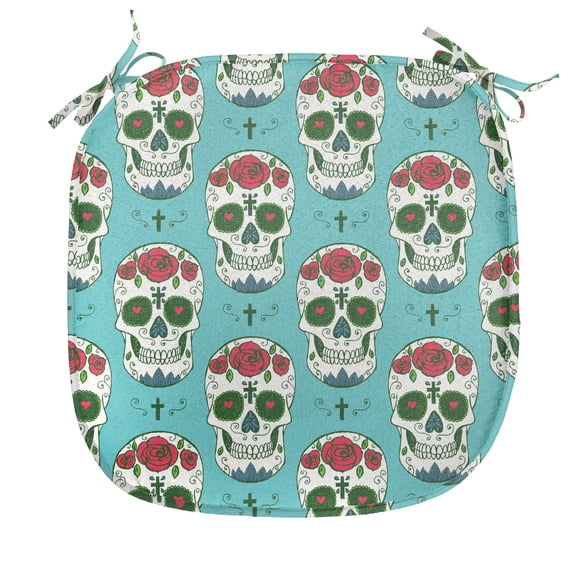 Skull Chair Seating Cushion, Oriental and Roses on Skull South American Culture Vintage Style, Soft Seat Pads for Office with Anti-slip Backing, 16"x16", Seafoam Green and Ruby, by Ambesonne