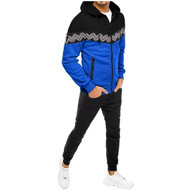 Men‘s Striped Stitching Zipper Sweatshirt Hooded Jacket Sweater Set