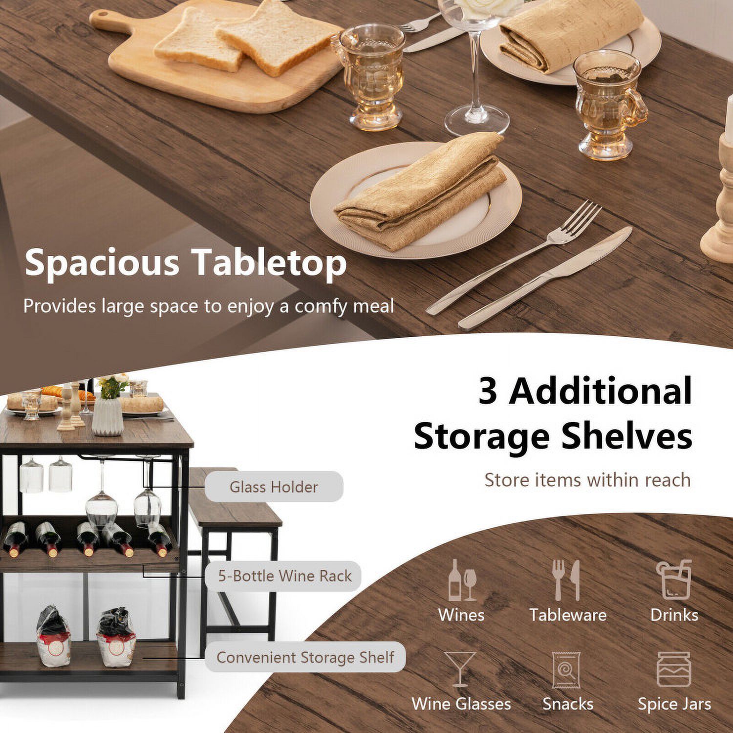 Finihen Dining Set, Dining Table Set, 3 Pieces Dining Table Set for 4 with Wine Rack, for Home, Restaurant, Brown Finihen Dining Set, Dining Table Set, 3 Pieces Dining Table Set for 4 with Wine Rack, for Home, Restaurant, Brown