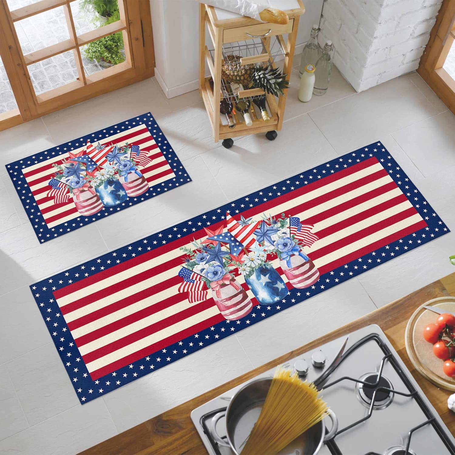 Memorial Day Kitchen Rugs and Mats Set of 2, America Poppy Floral in Bottle Non-Slip Floor Doormat Comfort Area Runner Rug and Mat, Star Striped Indoor Entrance Carpet Home Decor
